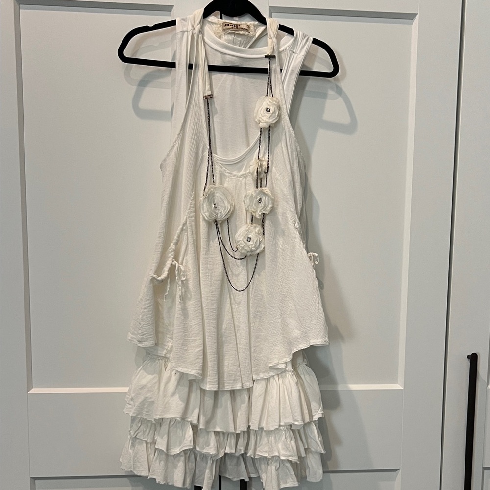 Linen White Layered Sleeveless Dress with Floral Accents